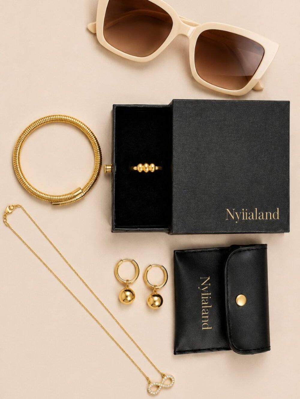 Cream Rectangular Sunglasses & Gold Infinity Jewelry Bundle